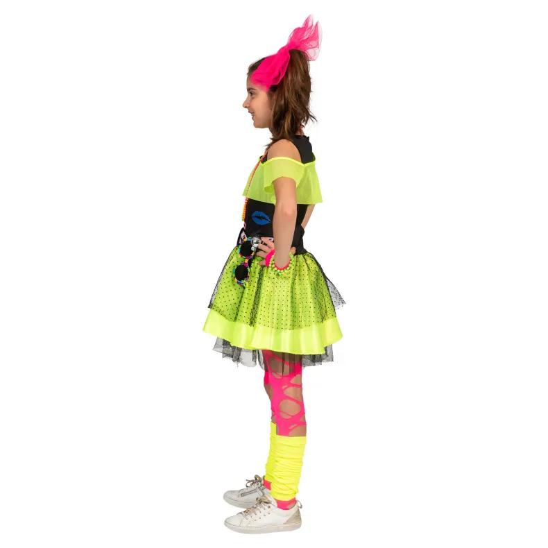 80ies Kinderkostuum Fluojurk Kiss The Girl - Maat 152