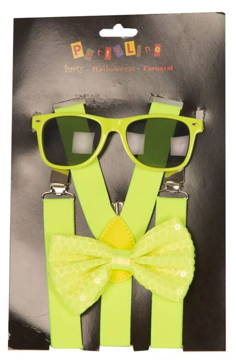 Set Neon Geel - Bretellen + Strik + Bril