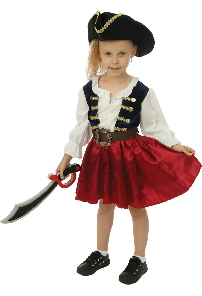 Kinderkostuum piraat met hoed meisje- 3 delig - Blauw/rood - 10-12 jaar