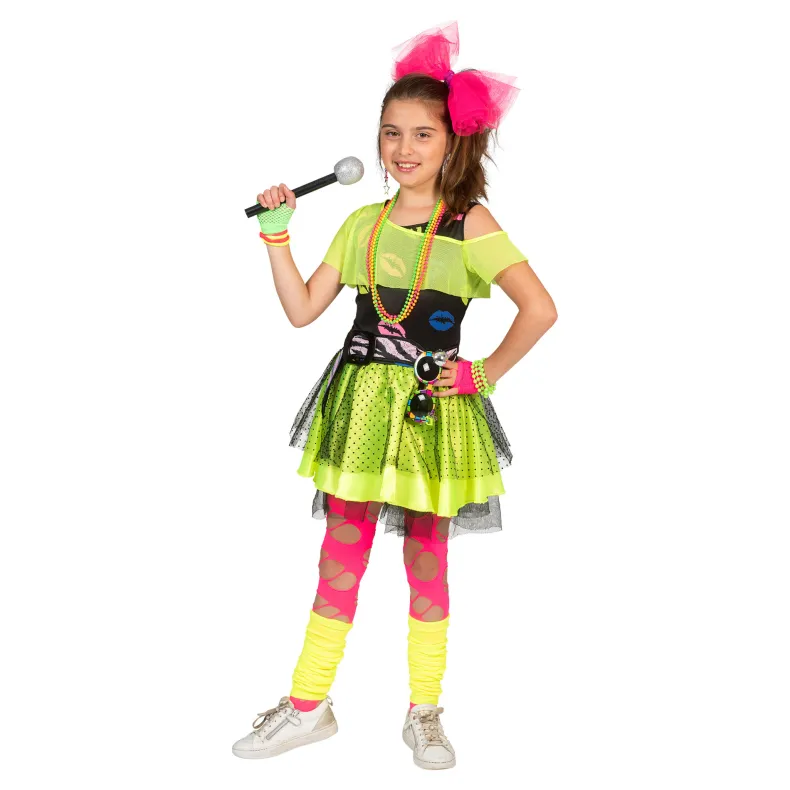 80ies Kinderkostuum Fluojurk Kiss The Girl - Maat 140