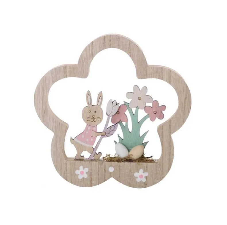 Decoratie houten bloem met paasdeco op voet 15,3cm