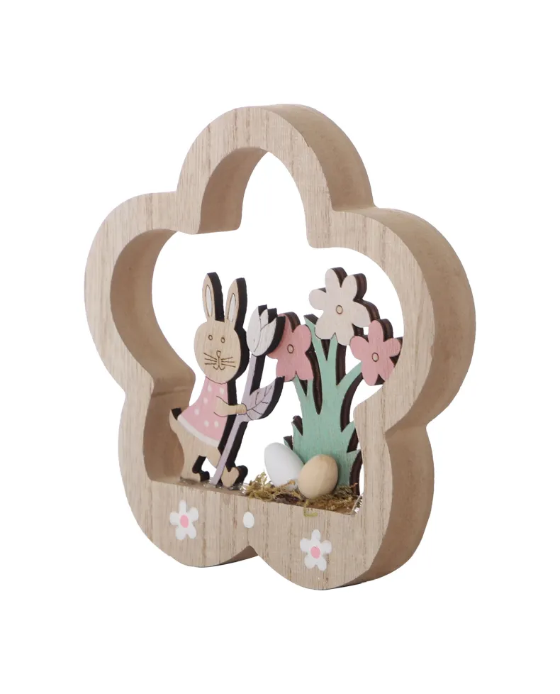 Decoratie houten bloem met paasdeco op voet 15,3cm