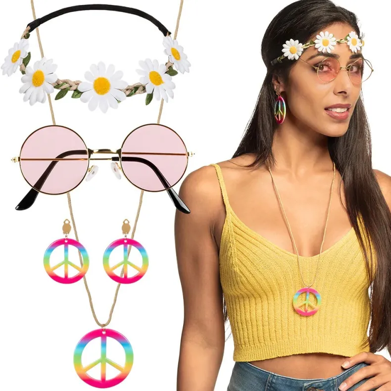 Hippie Set Flower Power - bril + hoofdband + oorbellen + ketting