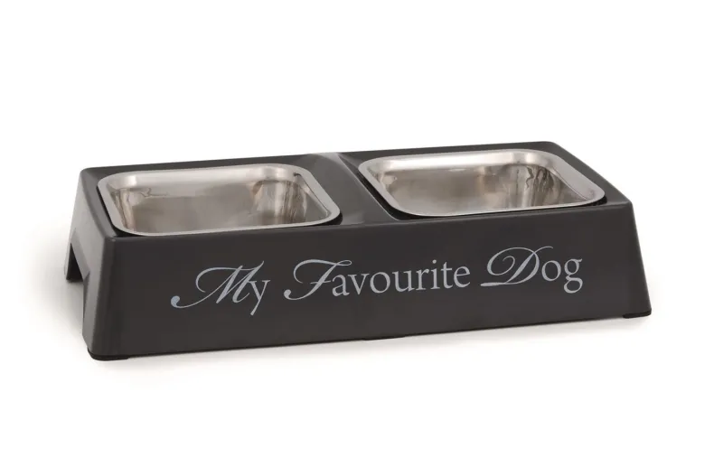 Dubbele eetbak 'My favourite dog' grijs 30 x 16 x 6 cm