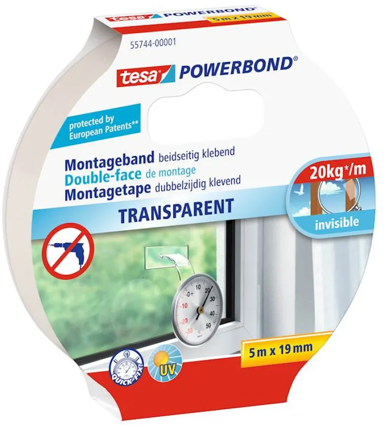 Dubbelzijdig klevende montagetape 5 m x 19 mm transparant