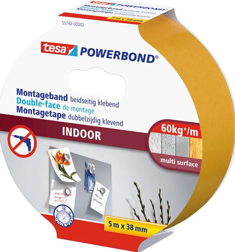 Dubbelzijdige klevende montagetape 5 m x 38 mm voor binnen
