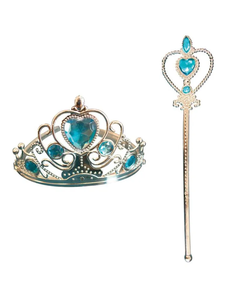 Prinsesset tiara + toverstok met blauwe stenen