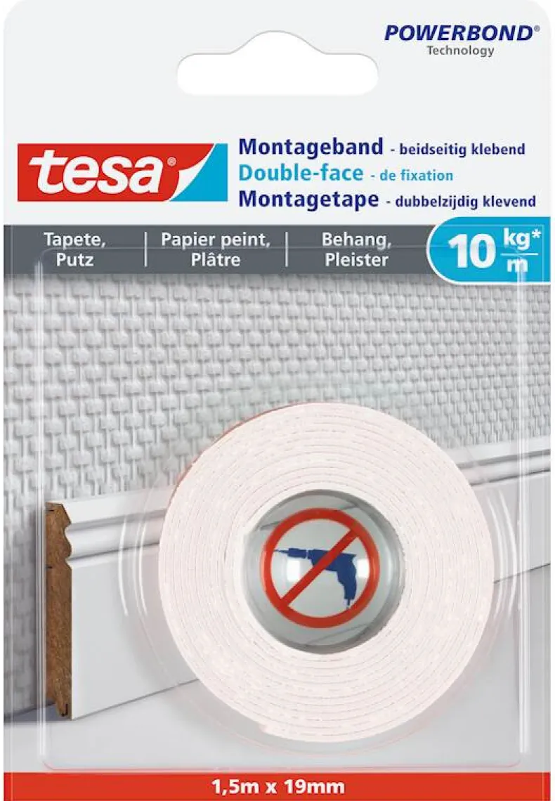 Montagetape 1,5 m x 19 mm behang en pleisterwerk
