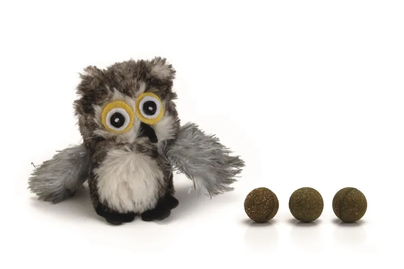 Pluche kattenspeeltje uil met bal 9,5 cm