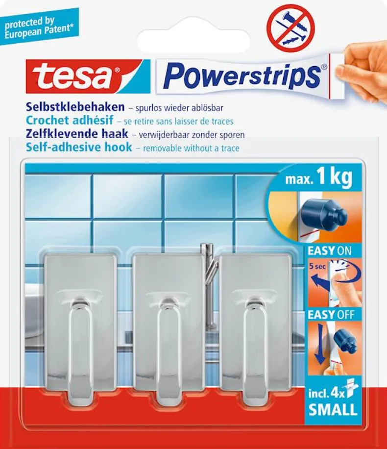 Powerstrips zelfklevende haak classic chroom (3 haken + 4 strips)