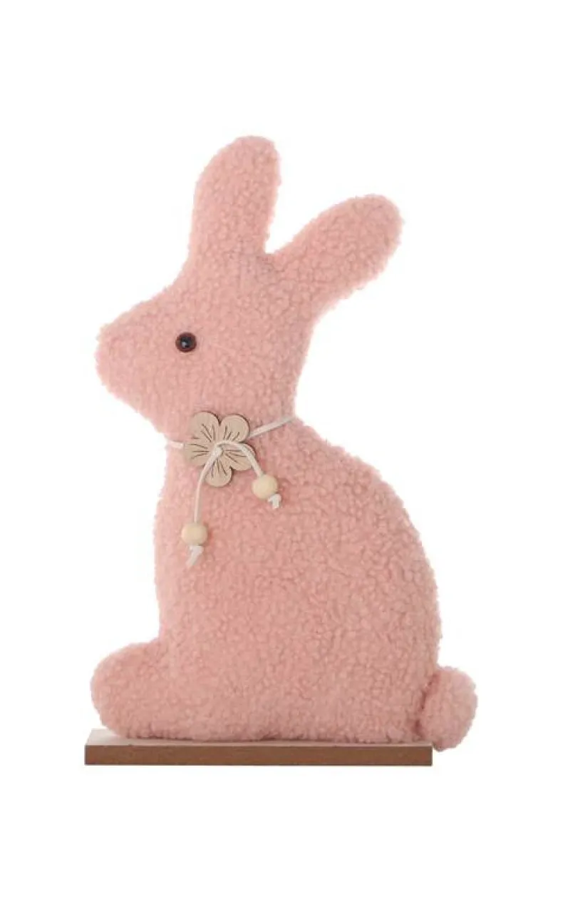 Decoratie houten konijn op voet roze 29cm