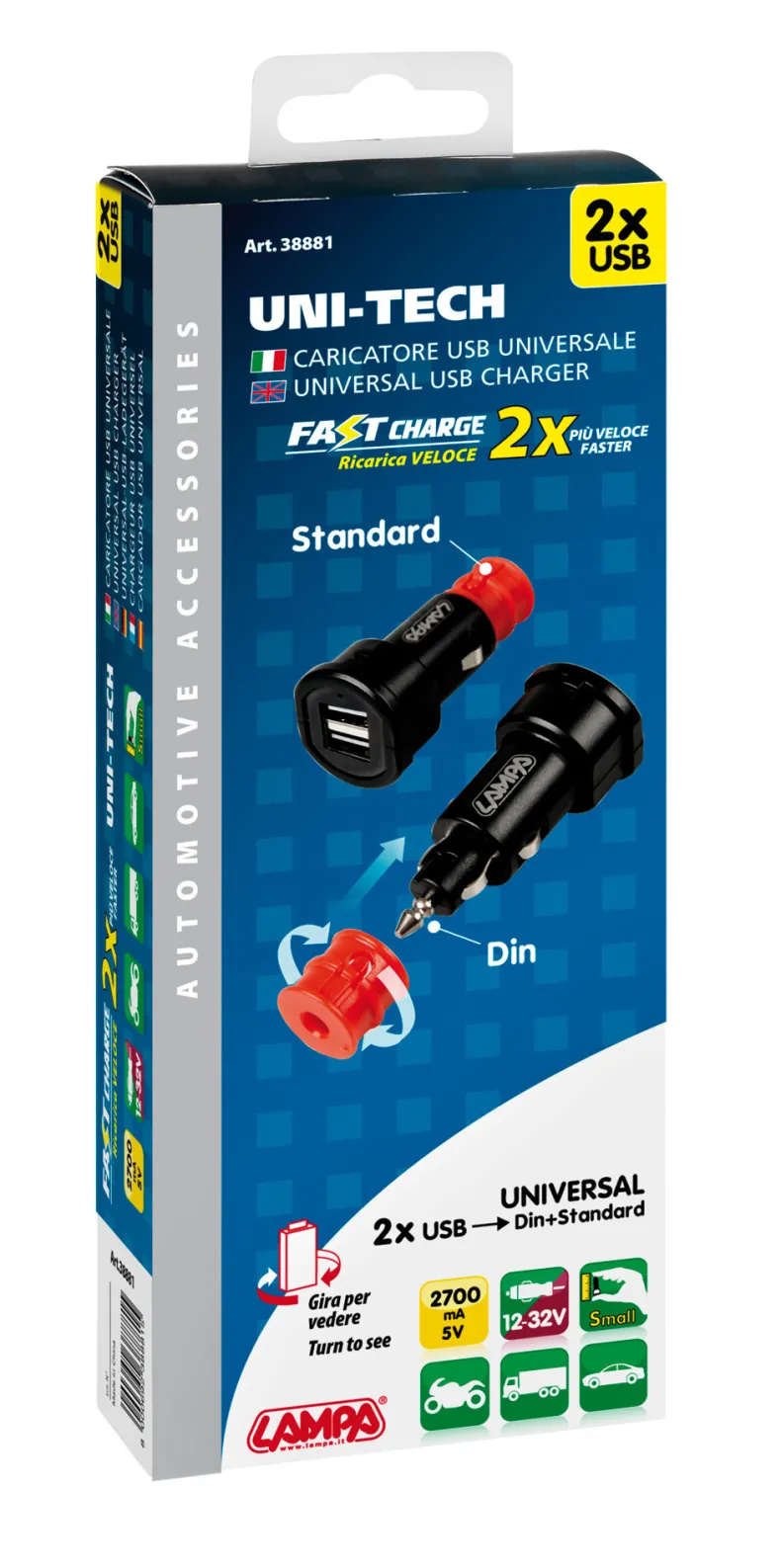 Universele Lader Fast Charge 2x USB - 2400 mA - 12/32V