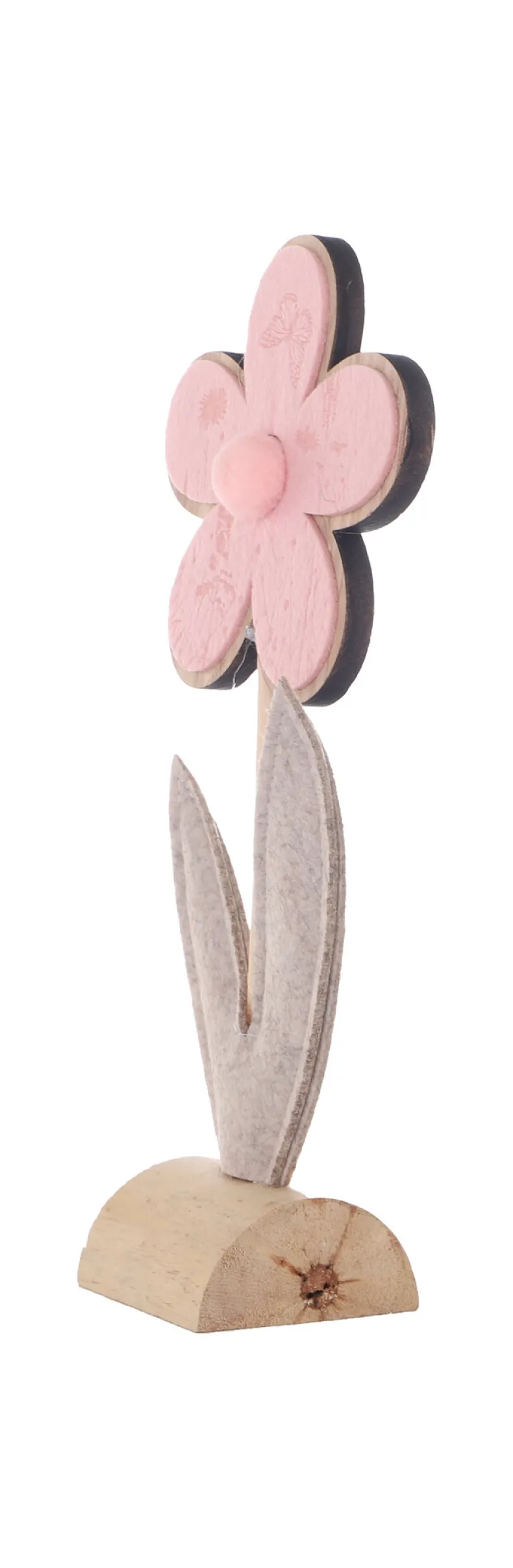 Decoratie houten bloem met motief op voet roze 32,5cm