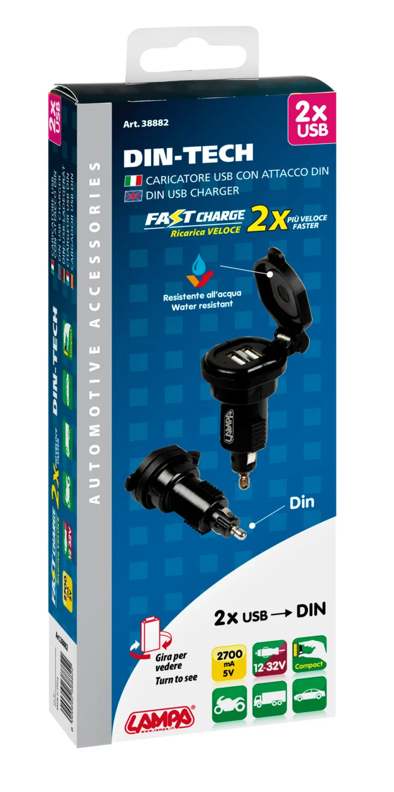 2x USB DIN Lader- 2700 mA - 12/32V