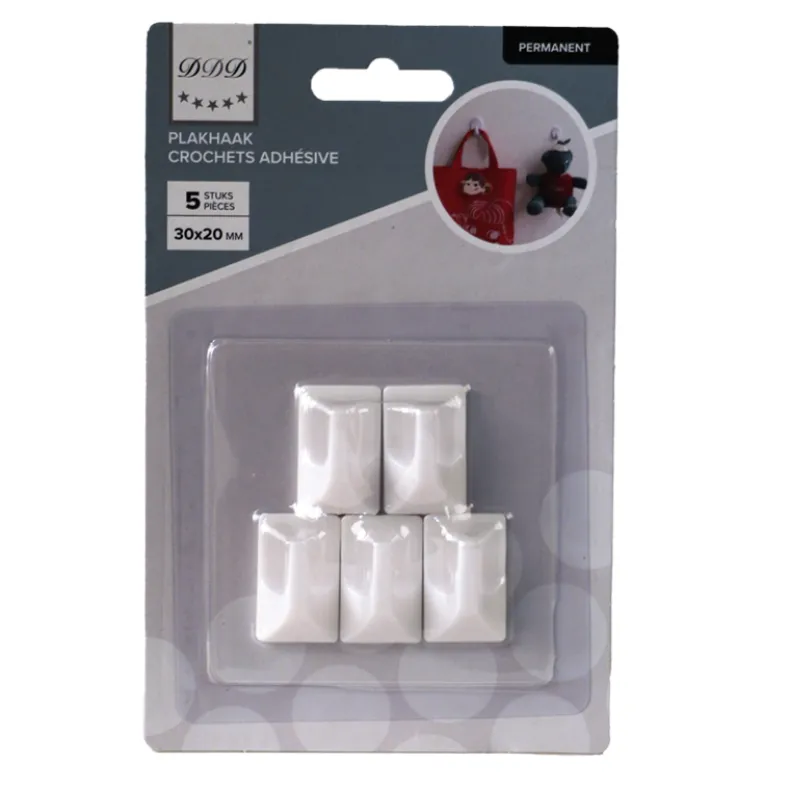 permanente plakhaken 5 stuks vierkant wit